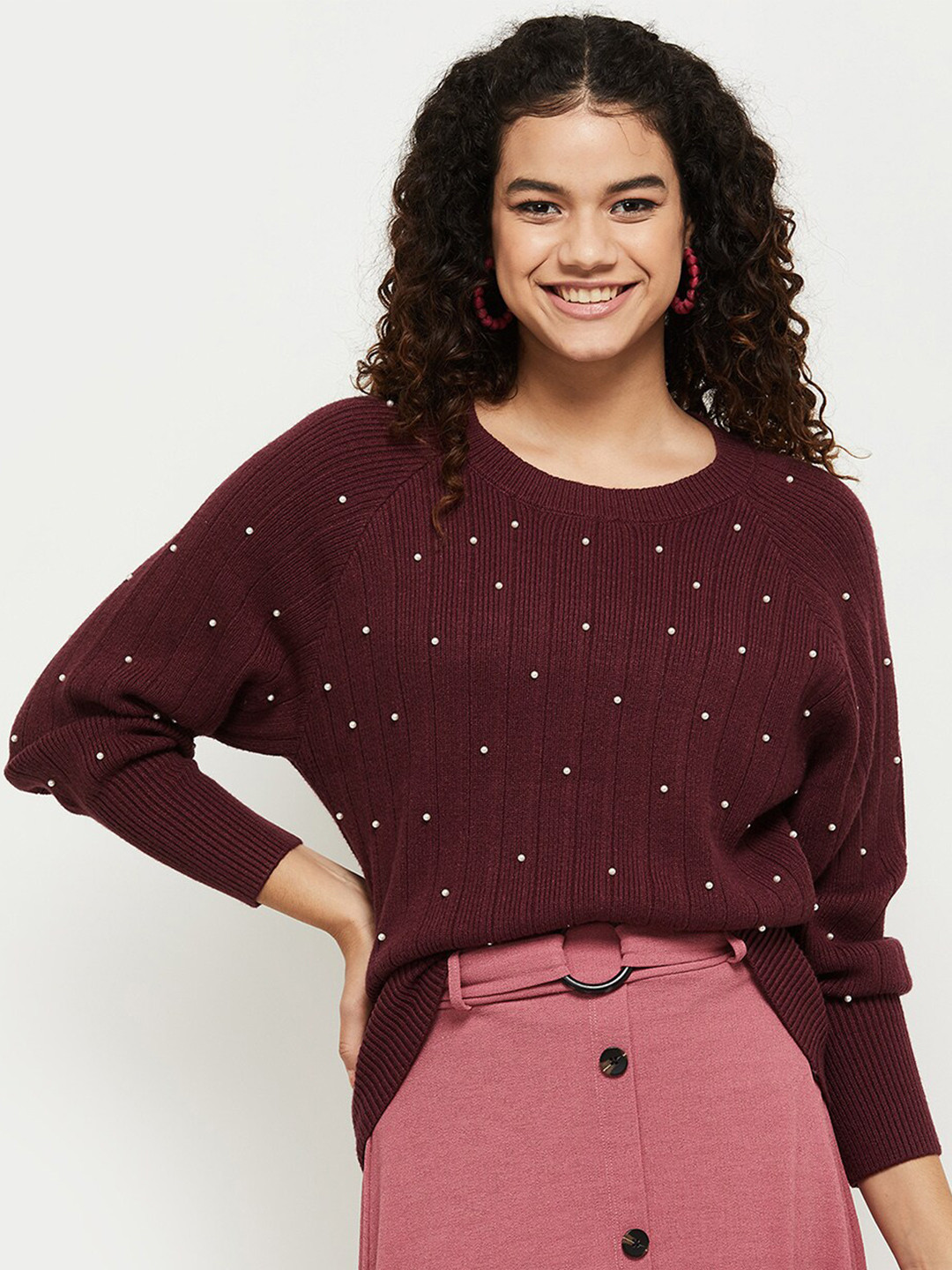 

max Women Maroon & White Ribbed Pullover