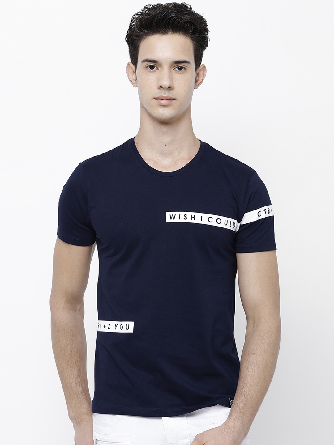 

LOCOMOTIVE Men Navy Blue Printed Round Neck Slim Fit Pure Cotton T-shirt