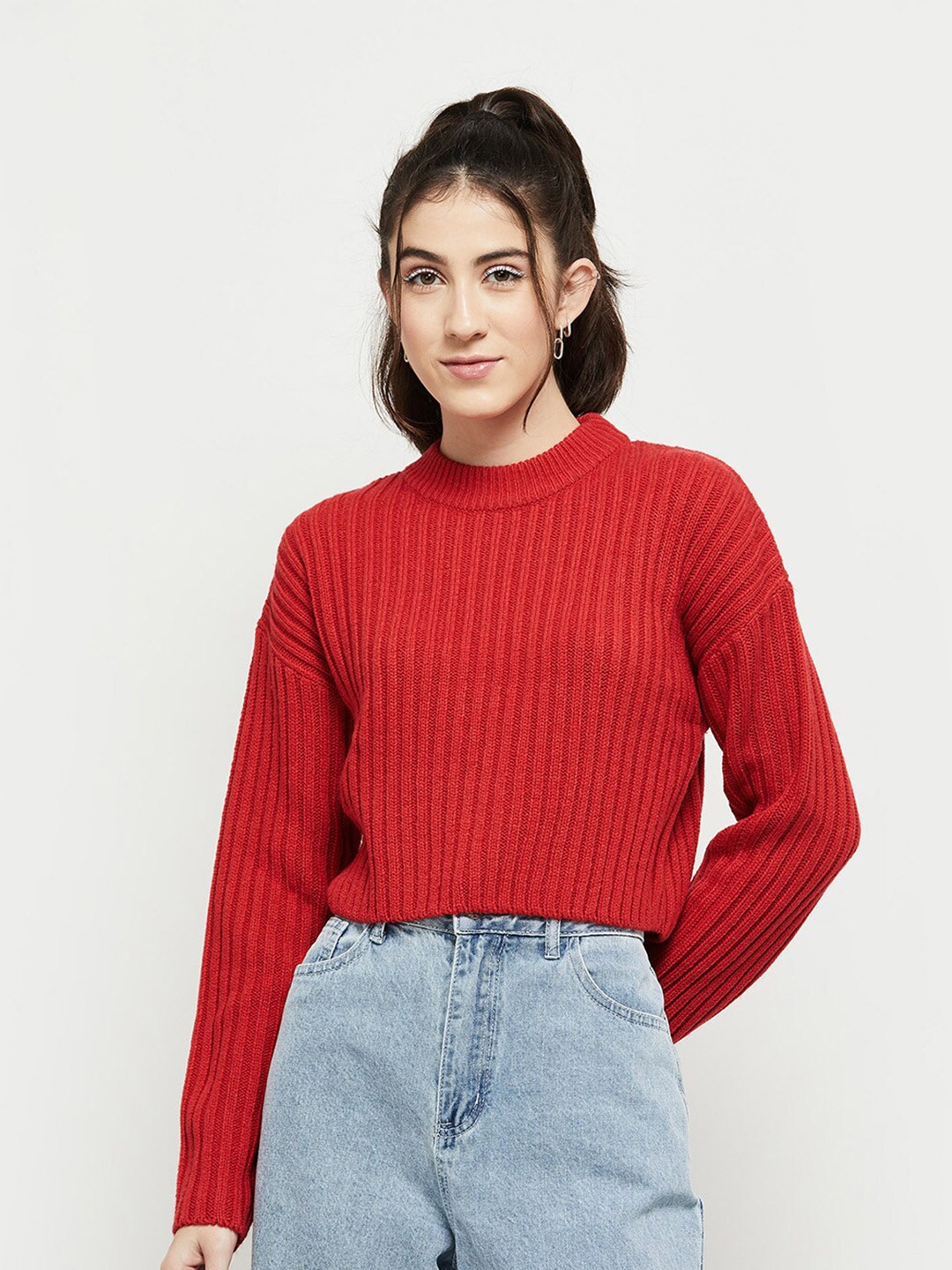 

max Women Red Ribbed Acrylic High Neck Pullover