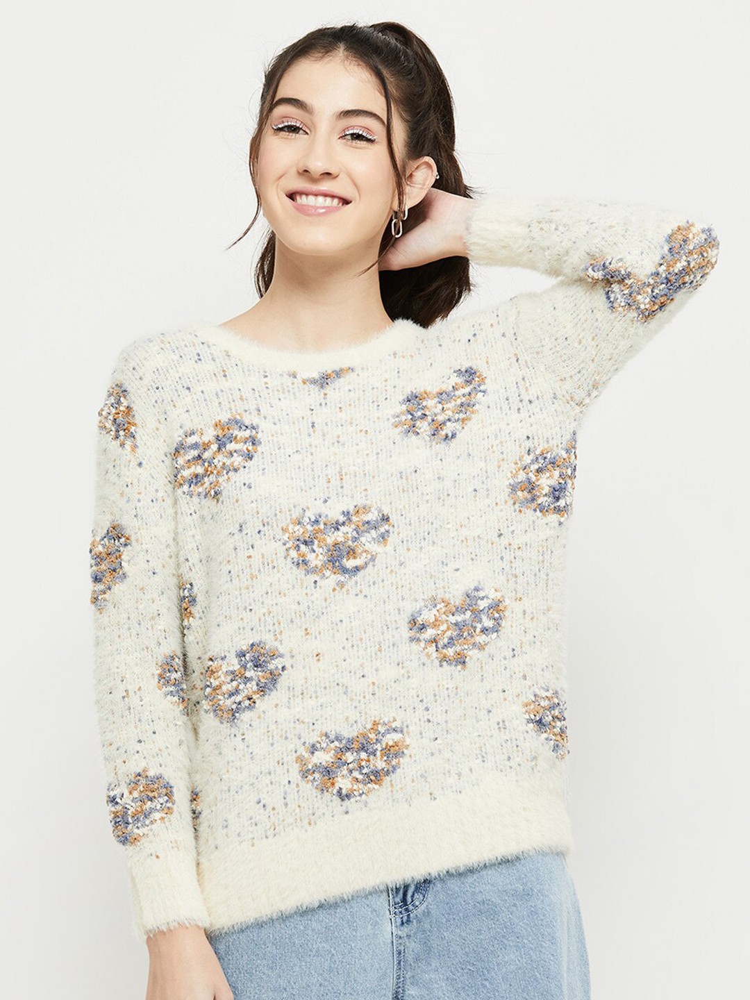 

max Women Off White & Blue Self Design Pullover