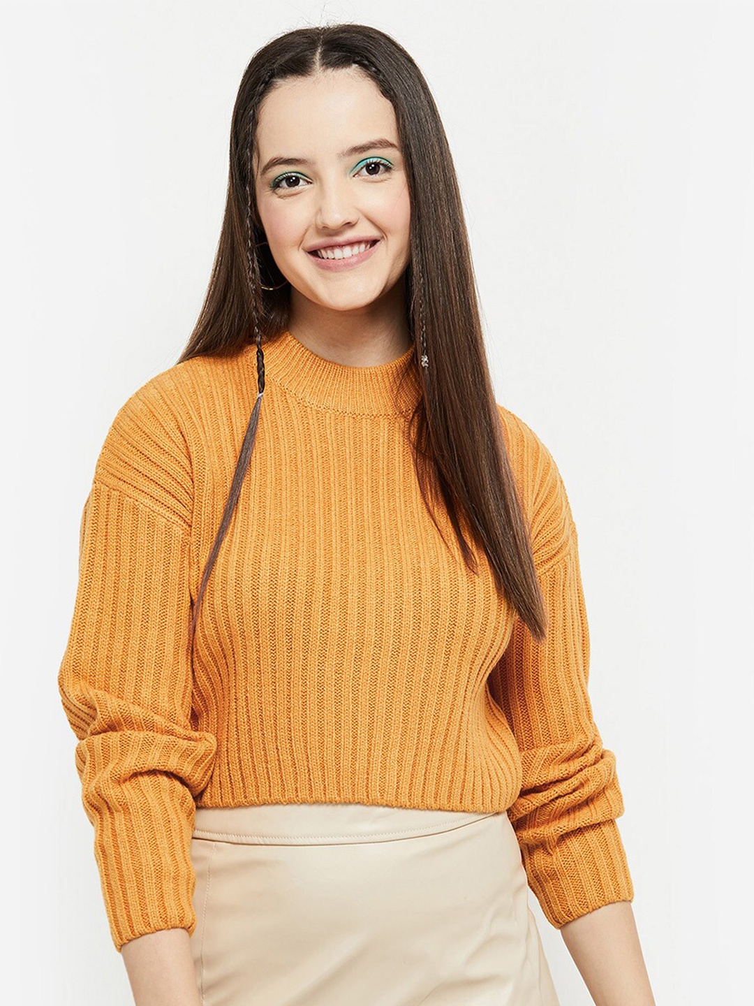 

max Women Yellow Ribbed Long Sleeves Acrylic Pullover