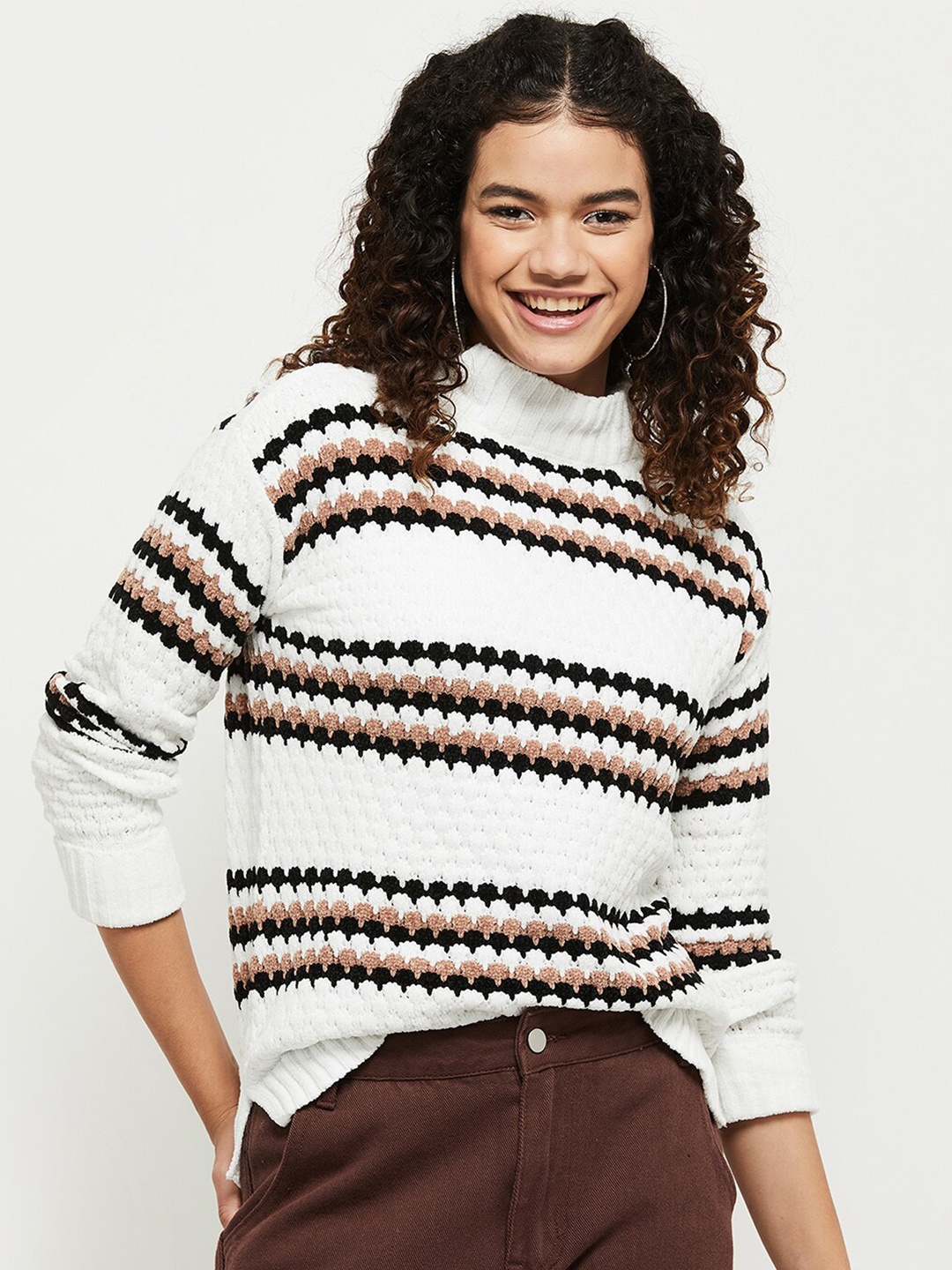 

max Women White & Black Striped Striped Pullover Sweaters