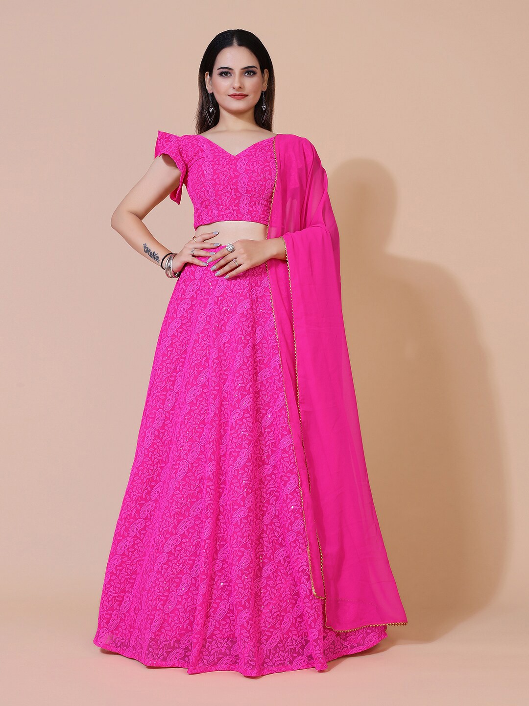 

PRENEA Magenta Embroidered Thread Work Ready to Wear Lehenga & Blouse With Dupatta