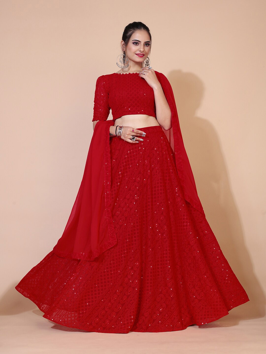 

PRENEA Red Embroidered Ready to Wear Lehenga & Blouse With Dupatta