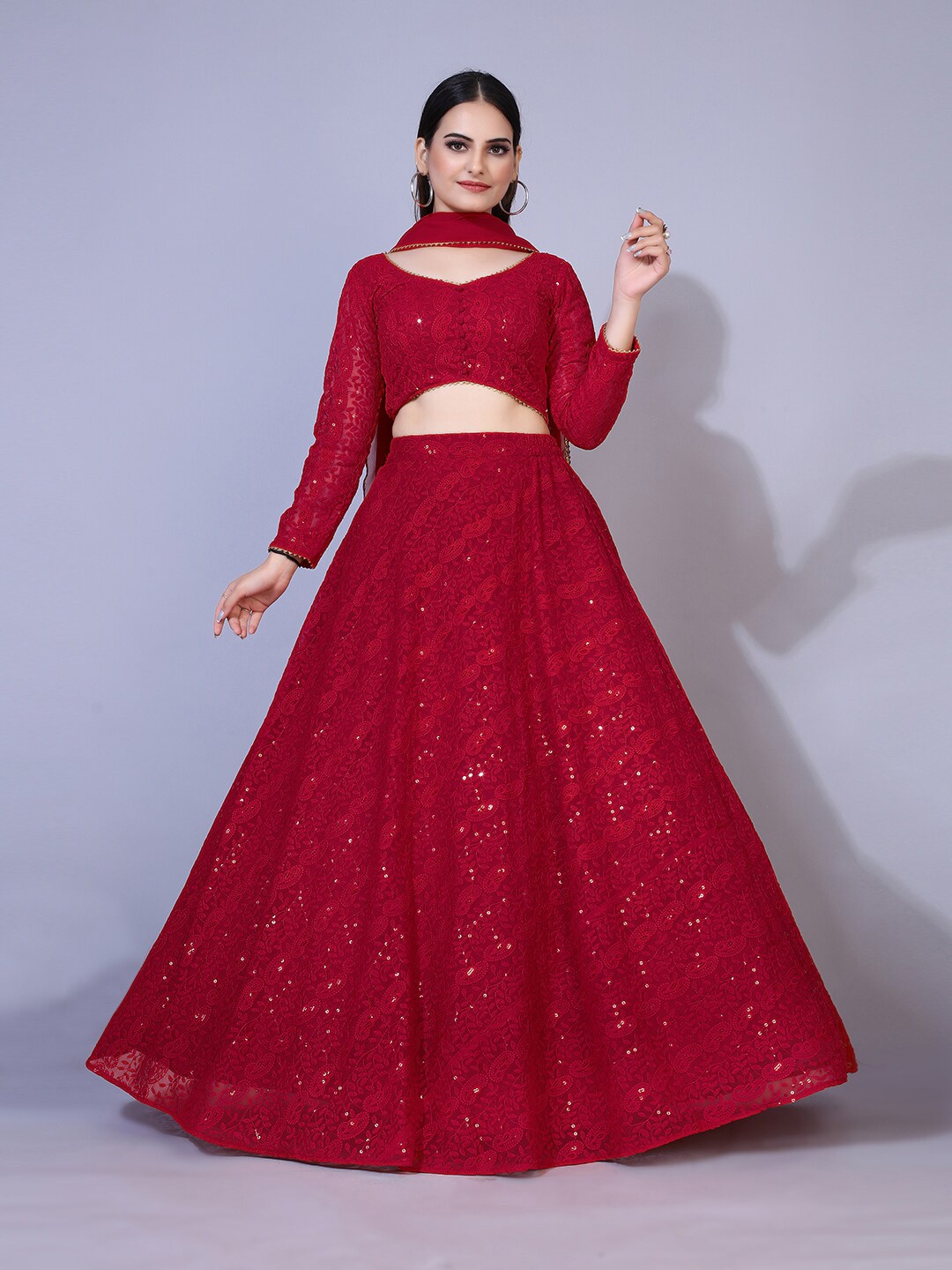 

PRENEA Red Embroidered Ready to Wear Lehenga & Blouse With Dupatta