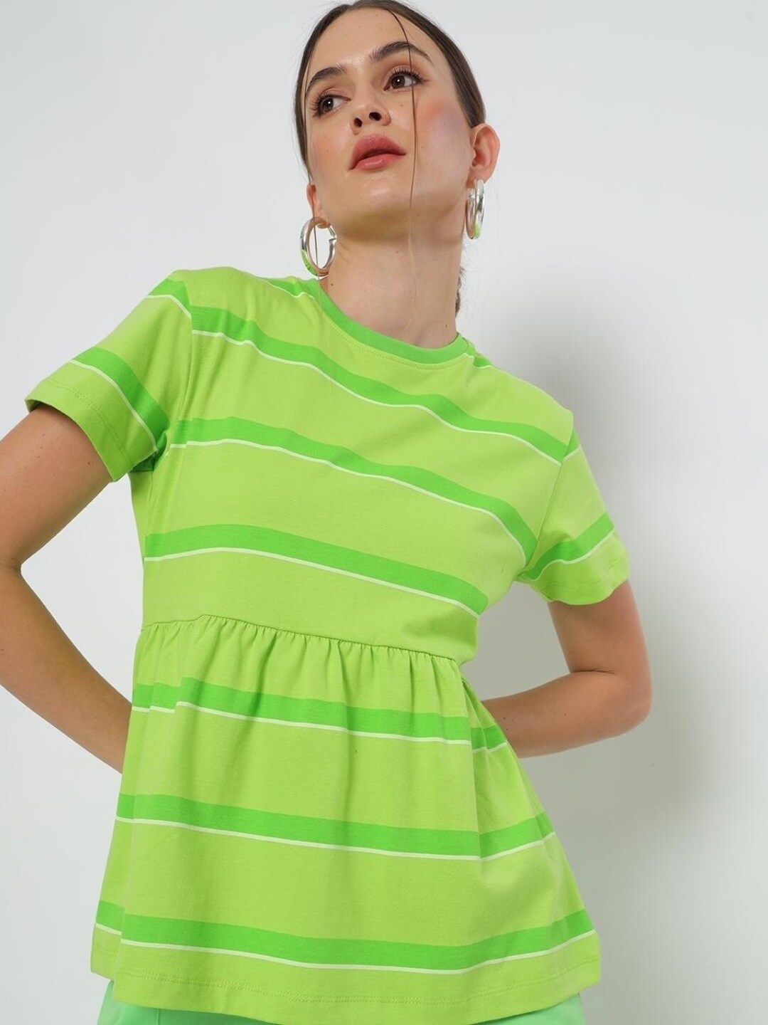 

Bewakoof Women Lime Green Pure Cotton Striped Top