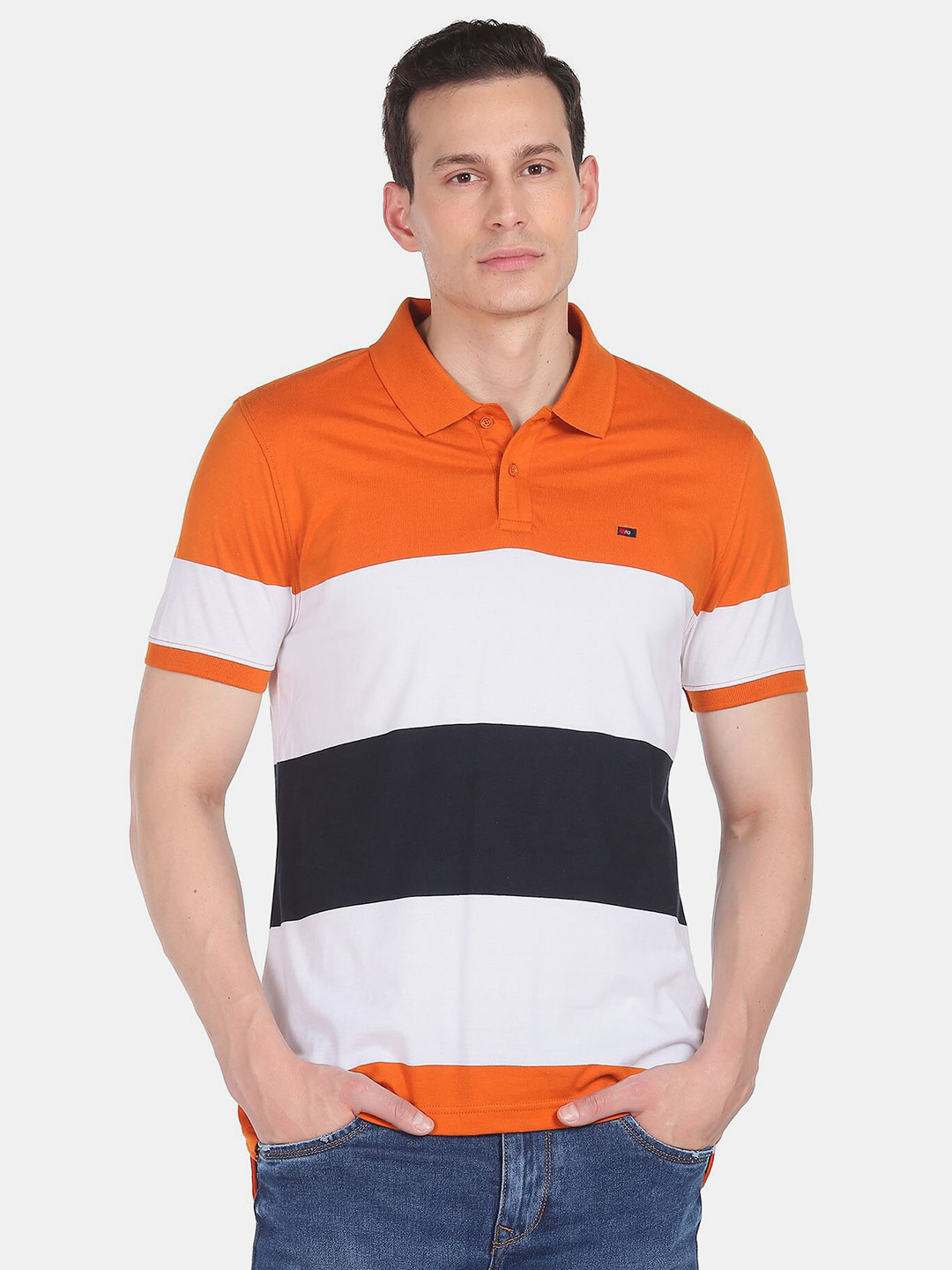 

AD By Arvind Men Rust & White Colourblocked Polo Collar Pure Cotton Slim Fit T-shirt
