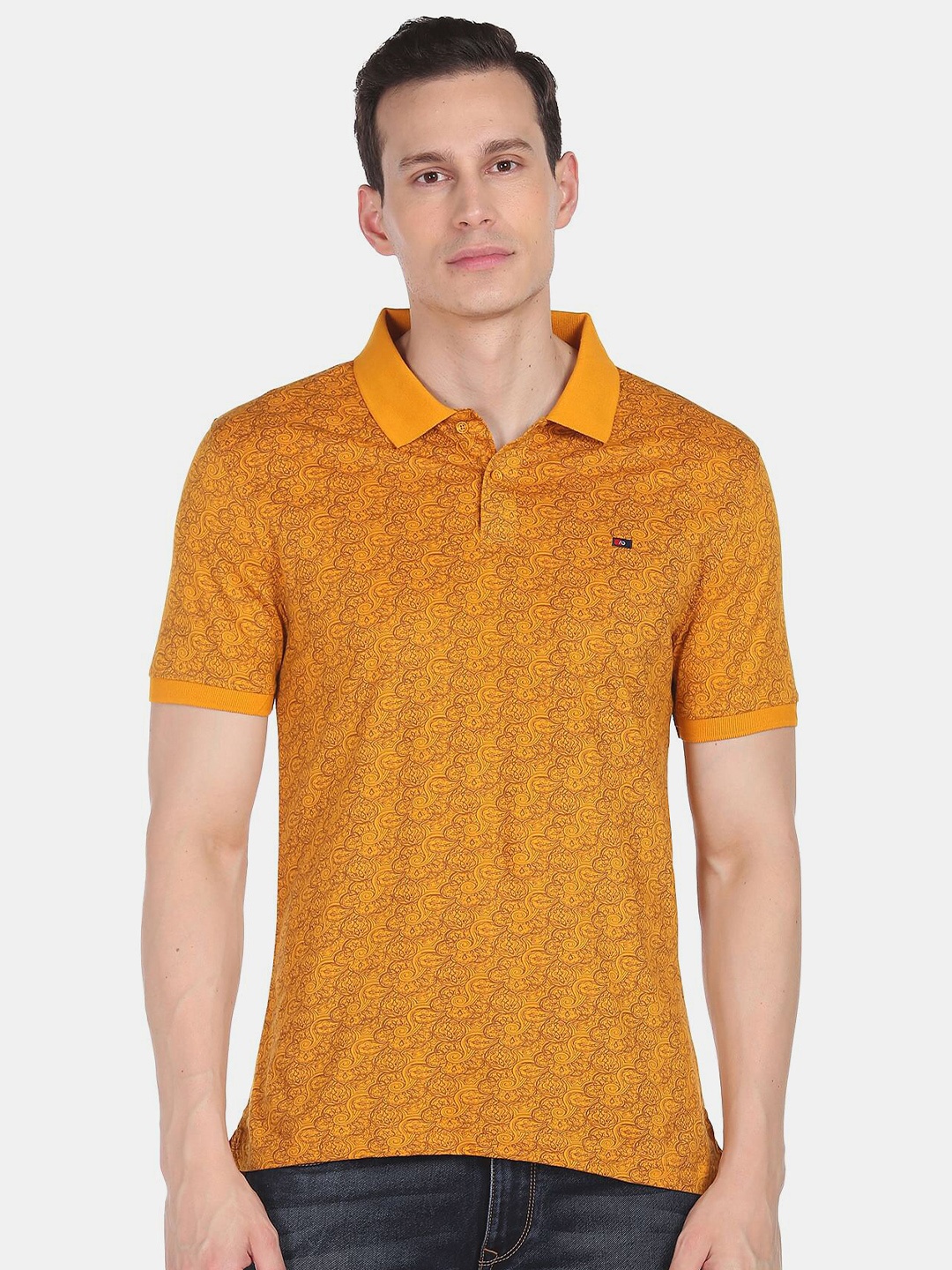 

AD By Arvind Men Yellow Printed Polo Collar Slim Fit Pure Cotton T-shirt
