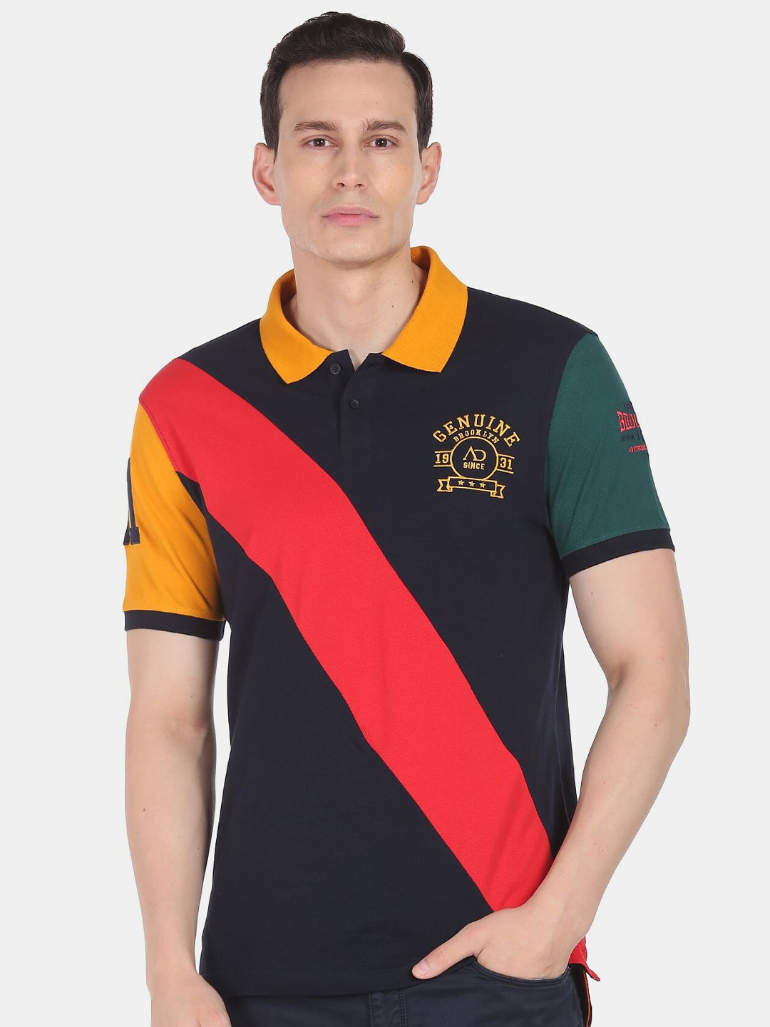 

AD By Arvind Men Navy Blue Colourblocked Polo Collar Slim Fit Cotton T-shirt