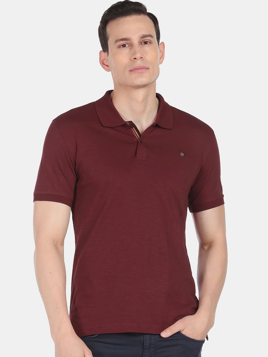 

AD By Arvind Men Maroon Polo Collar Pure Cotton Slim Fit T-shirt