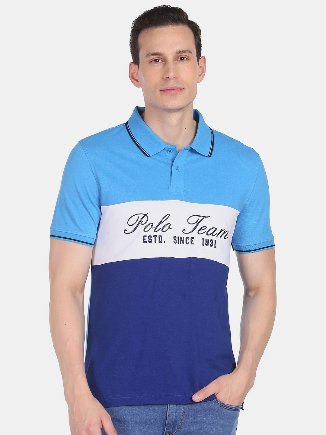 

AD By Arvind Men Blue & White Colourblocked Polo Collar Slim Fit Cotton T-shirt