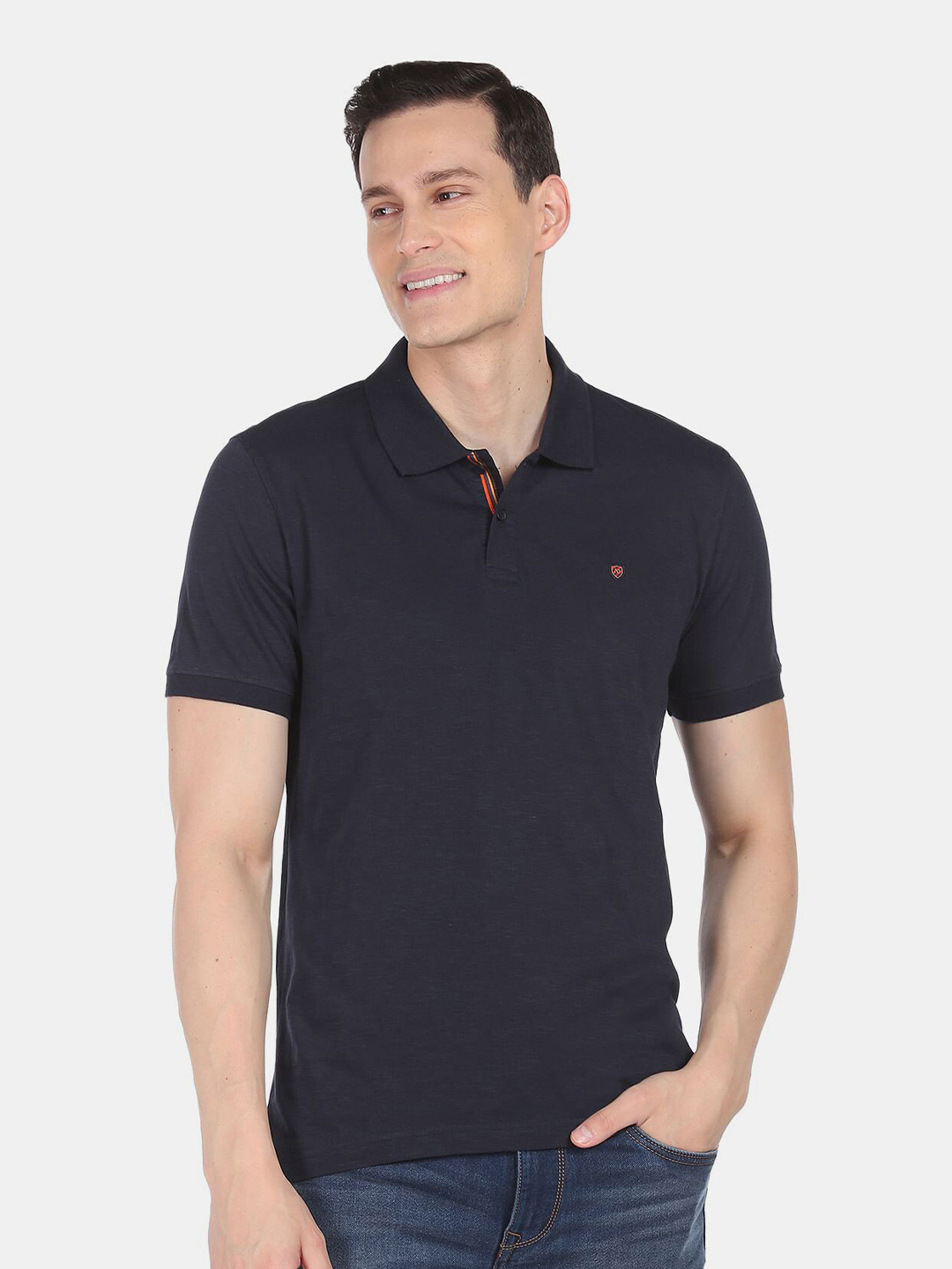 

AD By Arvind Men Navy Blue Polo Collar Slim Fit Cotton T-shirt