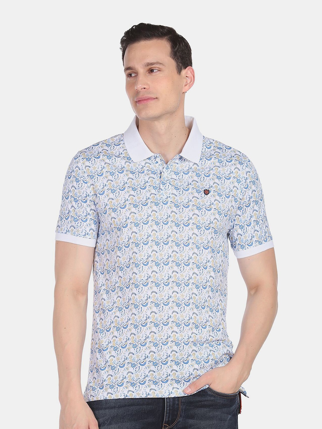 

AD By Arvind Men Blue & White Floral Printed Pure Cotton Polo Collar T-shirt