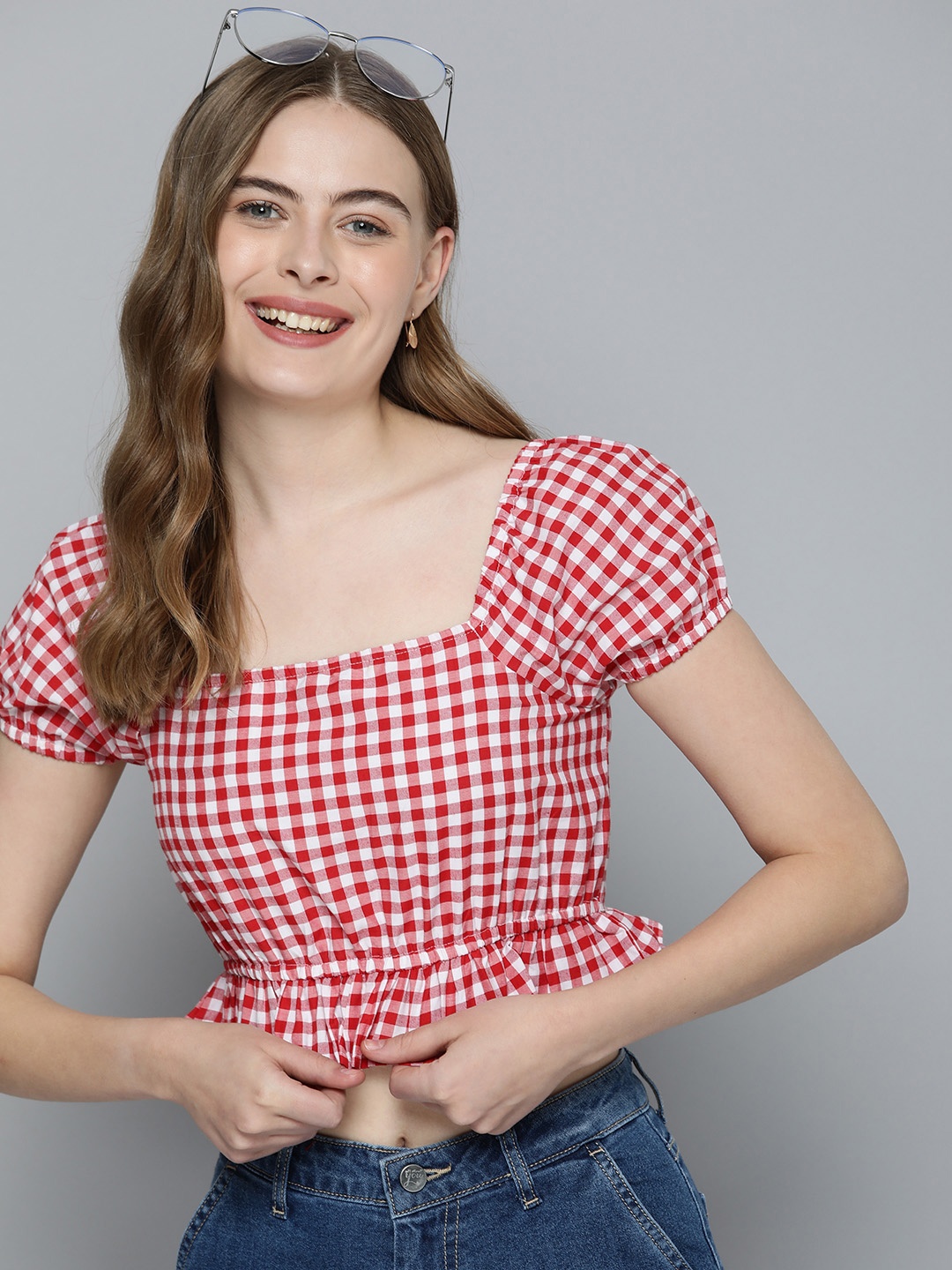 

Mast & Harbour Pure Cotton Checked Puff Sleeve Smocked Peplum Crop Top, Red
