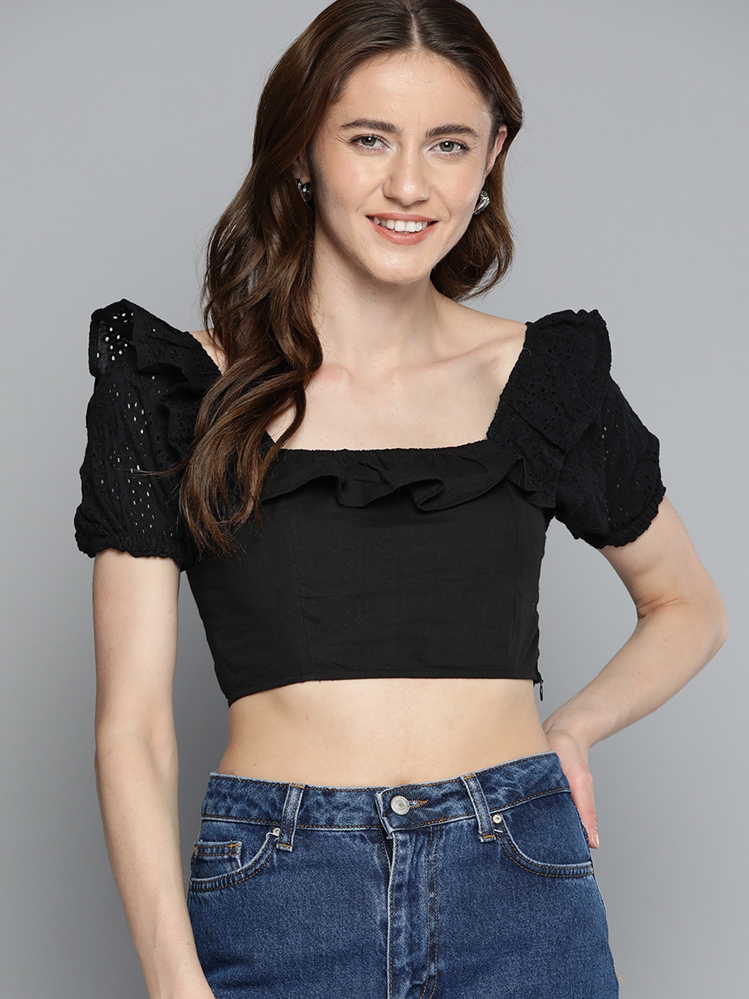 

Mast & Harbour Schiffli Detailed Pure Cotton Fitted Crop Top, Black