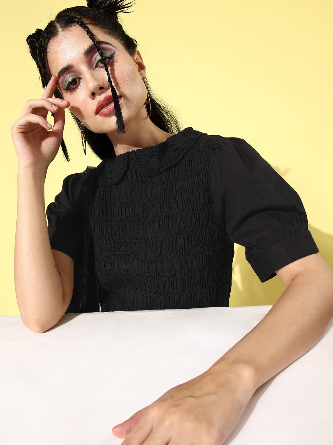 

Mast & Harbour Peter Pan Collar Smocked Crop Top, Black