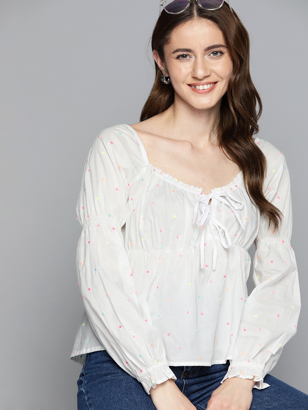 

Mast & Harbour Sweetheart Neck Bishop Sleeves Victorian Empire Top, White