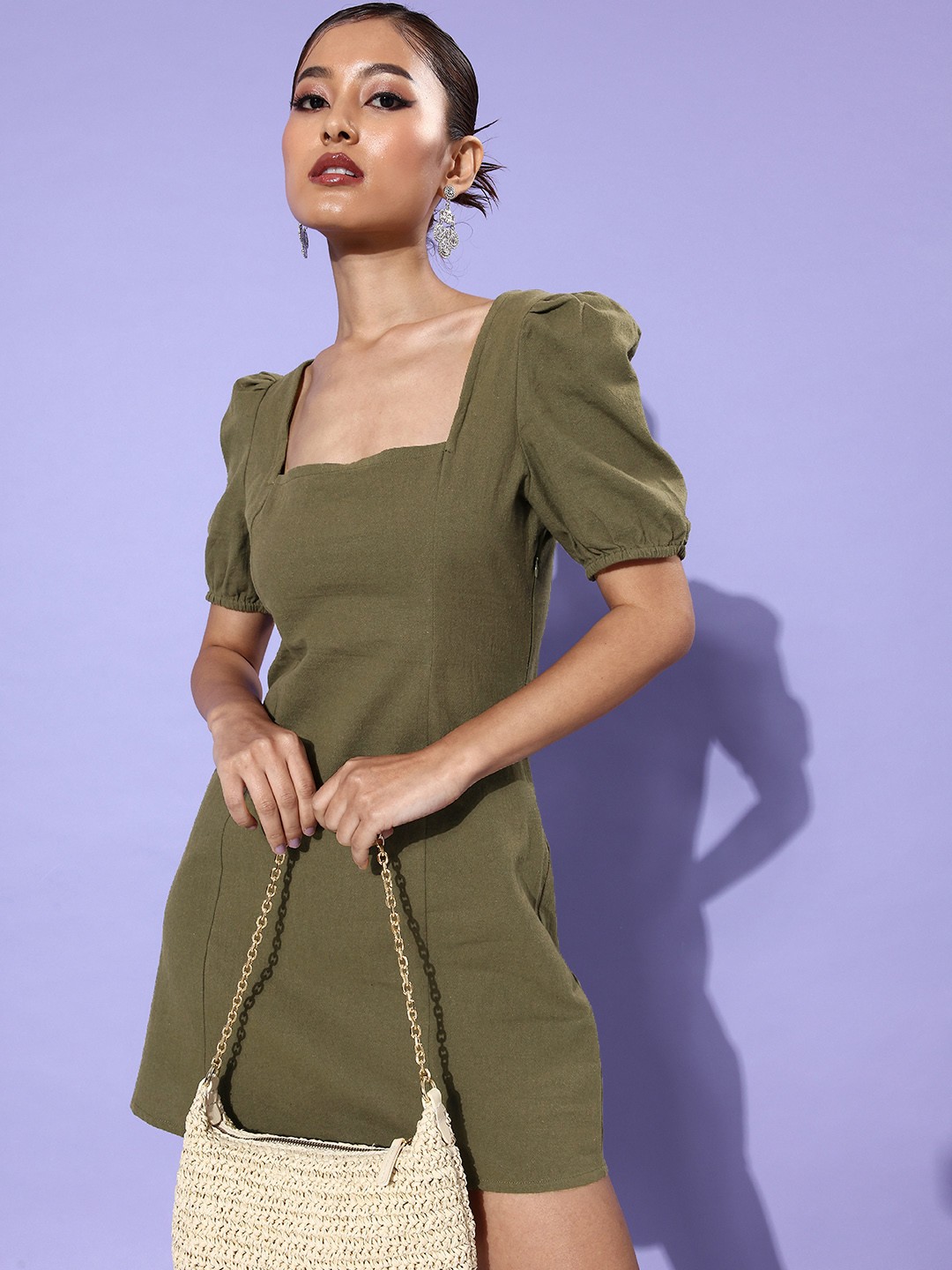 

Mast & Harbour Solid A-Line Pure Cotton Mini Dress, Olive