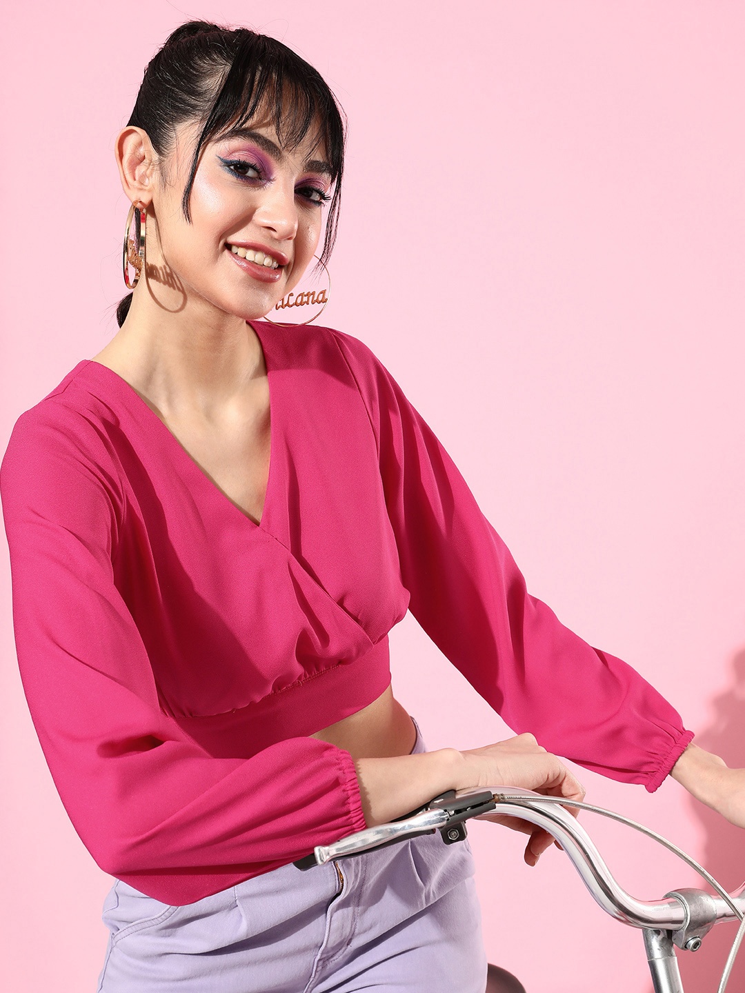 

Mast & Harbour V Neck Long Sleeves Wrap Crop Top, Pink