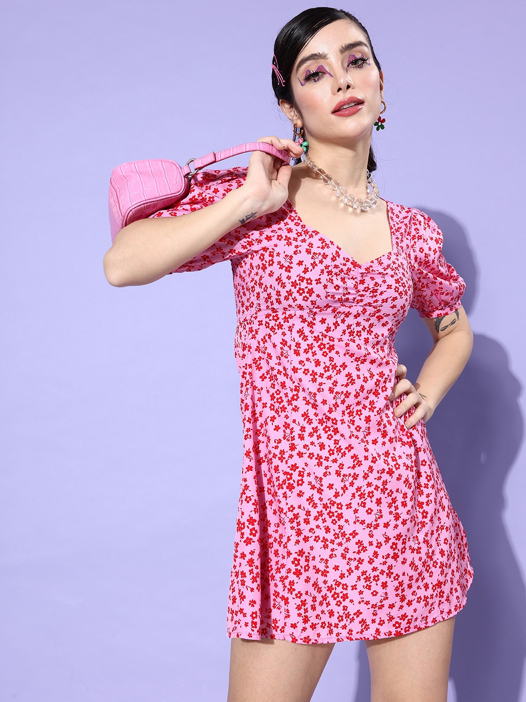 

Mast & Harbour Puff Sleeves Floral Empire Dress, Pink