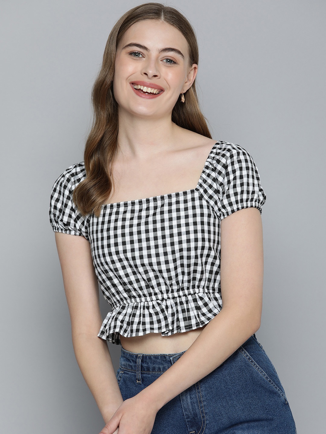 

Mast & Harbour Pure Cotton Checked Puff Sleeve Smocked Peplum Crop Top, Blue