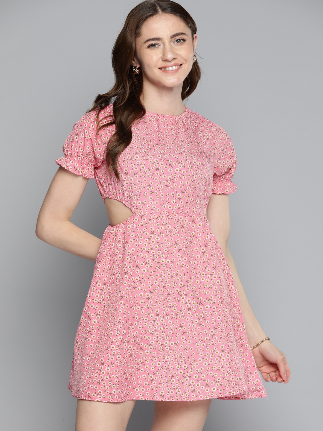 

Mast & Harbour Floral Cut-Out Detail A-Line Dress, Pink