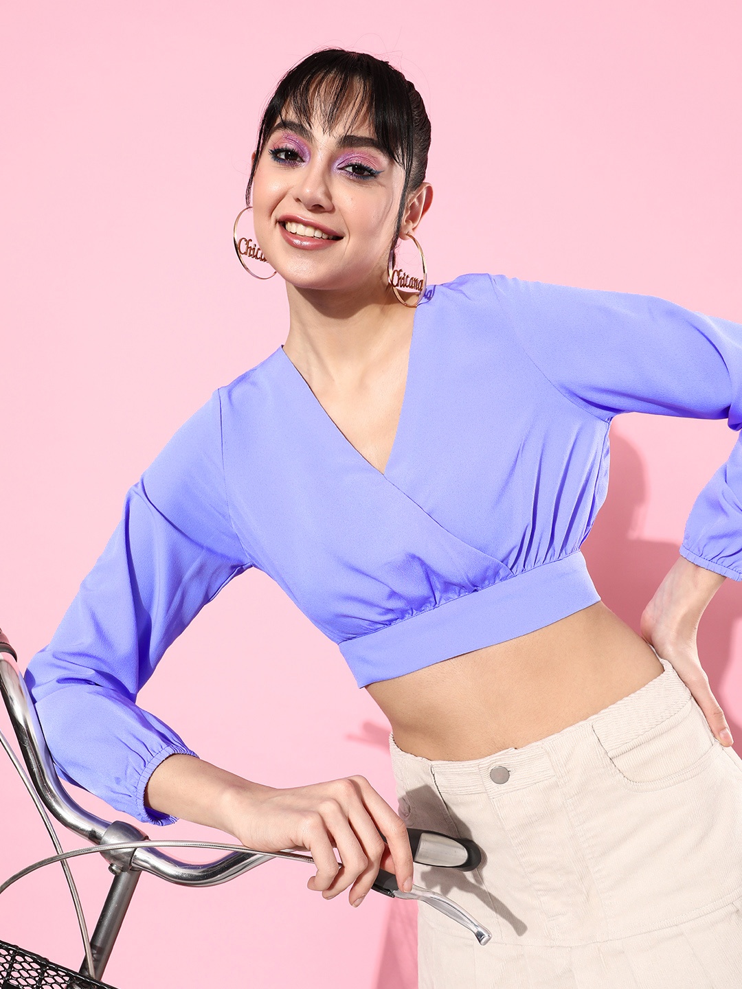 

Mast & Harbour Deep Lavender V Neck Preppy College Cool Wrap It Up Crop Top, Purple