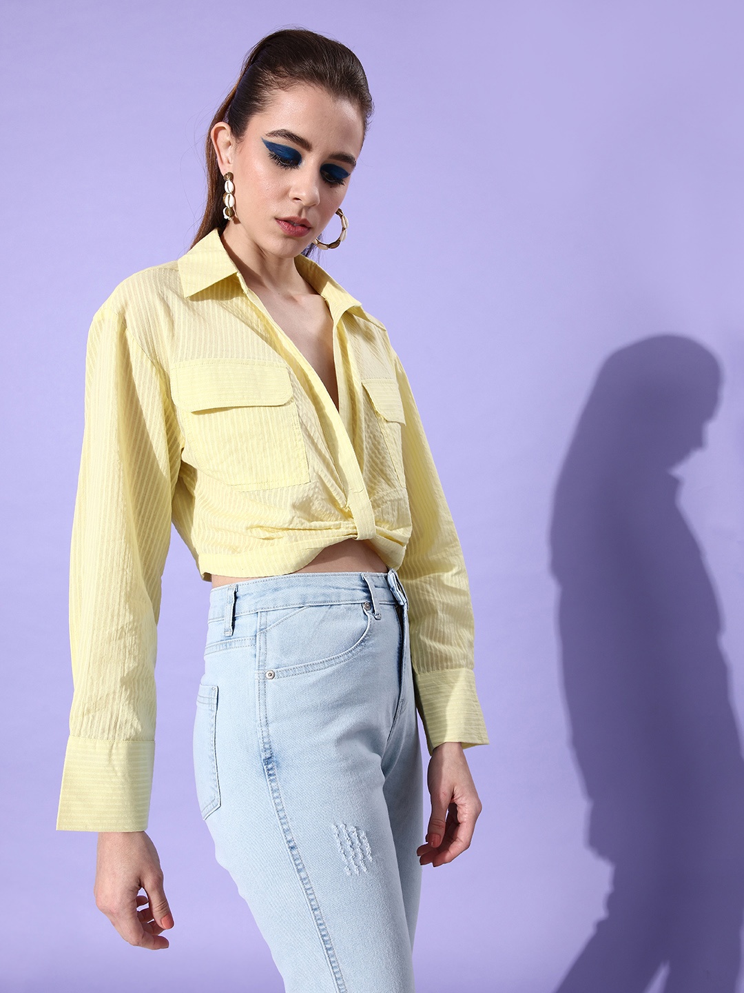 

Mast & Harbour Lemon Yellow Preppy College Cool Striped Shirt Style Pure Cotton Crop Top