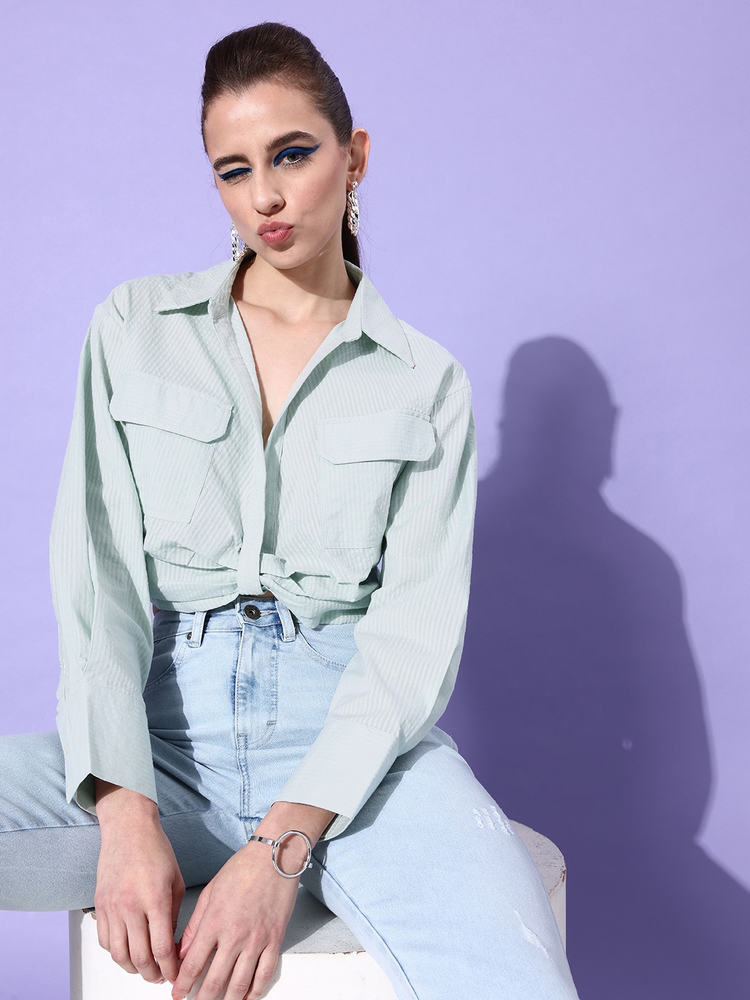 

Mast & Harbour Mint Green Preppy College Cool Striped Shirt Style Pure Cotton Crop Top