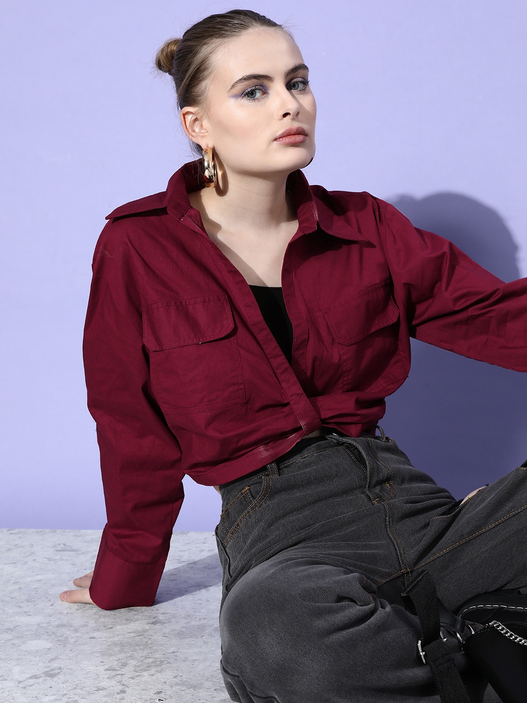 

Mast & Harbour Pure Cotton Deep Maroon College Cool Utility Shirt Style Crop Top