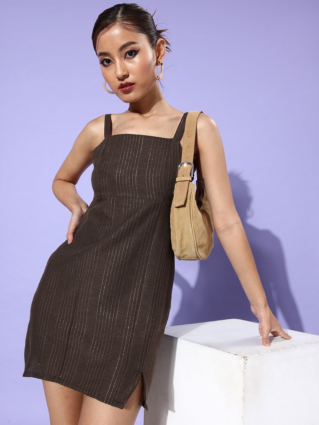 

Mast & Harbour Striped A-Line Pure Cotton Mini Dress, Brown