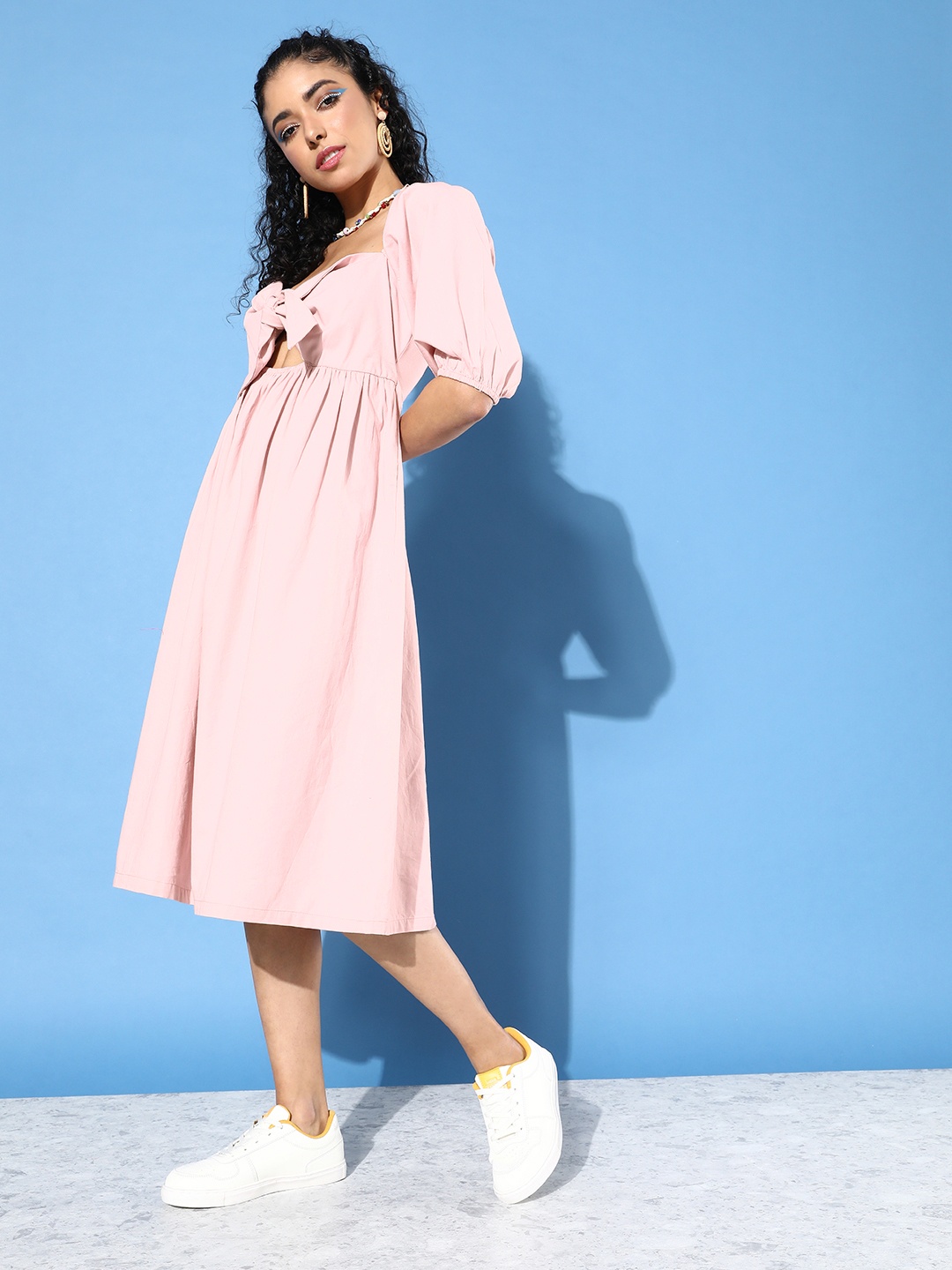 

Mast & Harbour Pure Cotton Onion Pink Smocked Party Lity Cut It Off Midi Dress