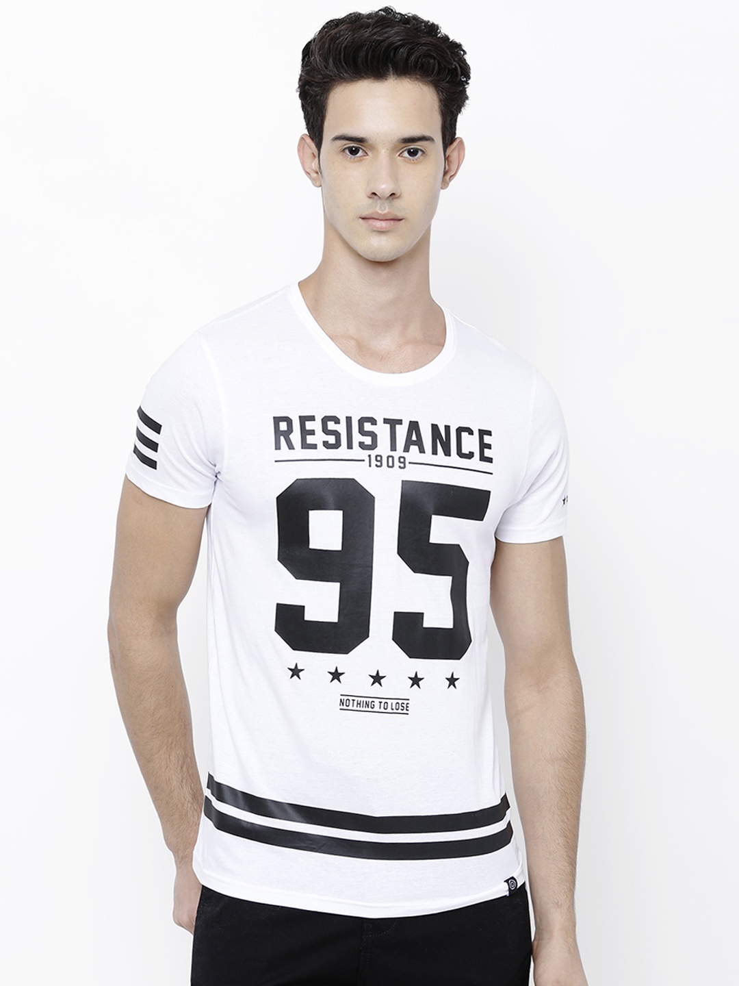

LOCOMOTIVE Men White Printed Round Neck Slim Fit Pure Cotton T-shirt