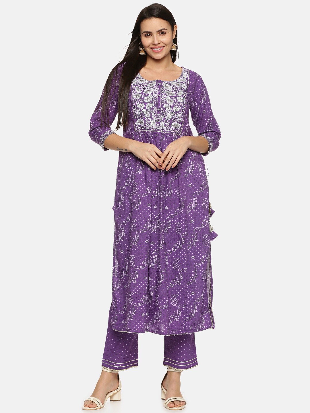 

Palakh Women Purple Bandhani Embroidered Pleated Mirror Work Pure Cotton Kurta with Trousers