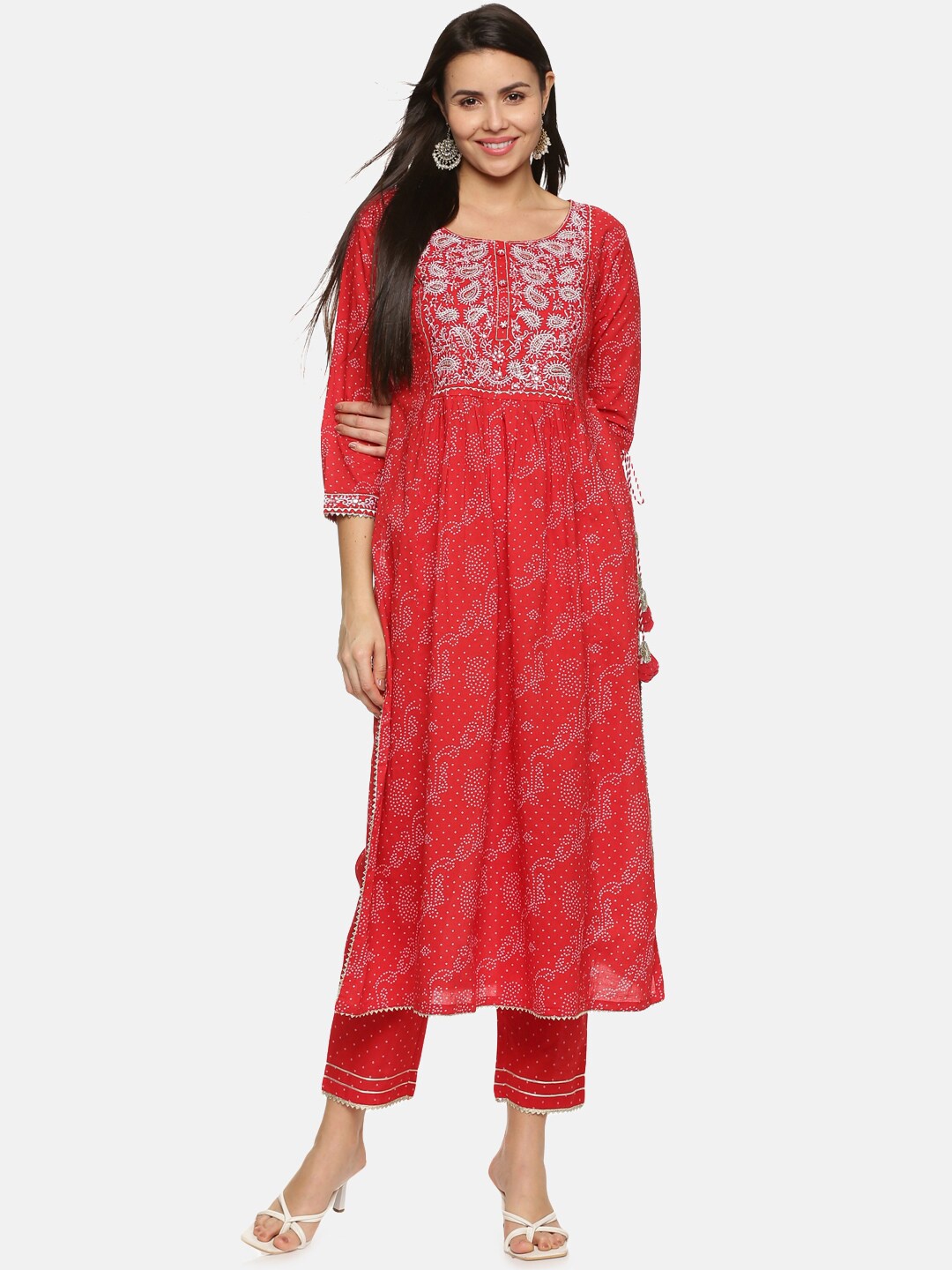 

Palakh Women Red Bandhani Embroidered High Slit Pure Cotton Kurta with Trouser
