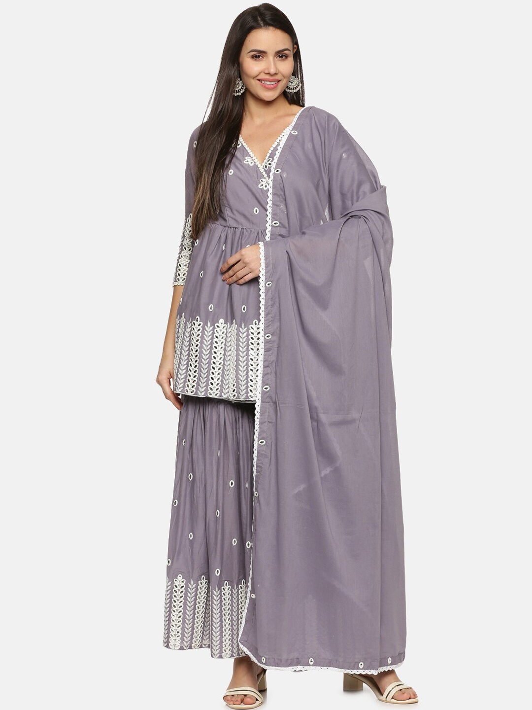 

Palakh Women Grey Floral Embroidered Angrakha Mirror Work Pure Cotton Kurta with Sharara & With Dupatta