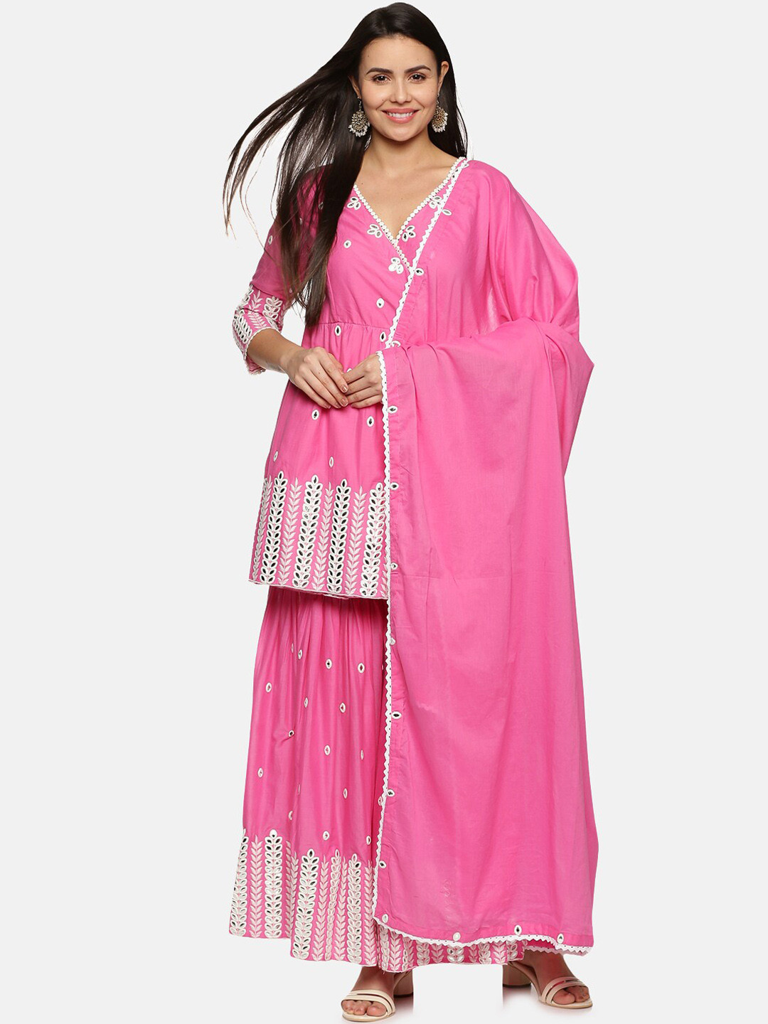 

Palakh Women Pink Floral Embroidered Empire Mirror Work Pure Cotton Kurti with Sharara & With Dupatta