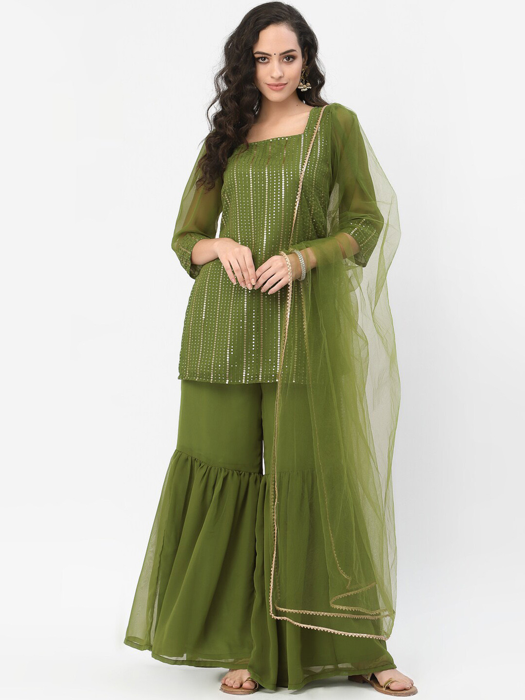 

studio rasa Women Green Striped Sequinned Kurti with Sharara & With Dupatta