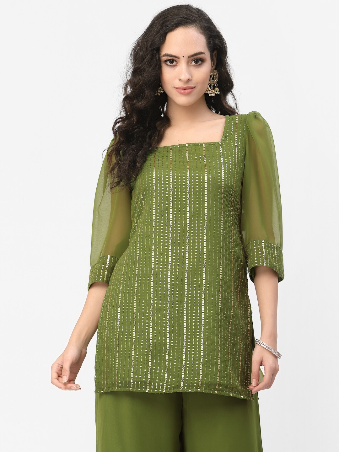 

studio rasa Green Embellished Square Neck Sequinned Sequinned Kurti