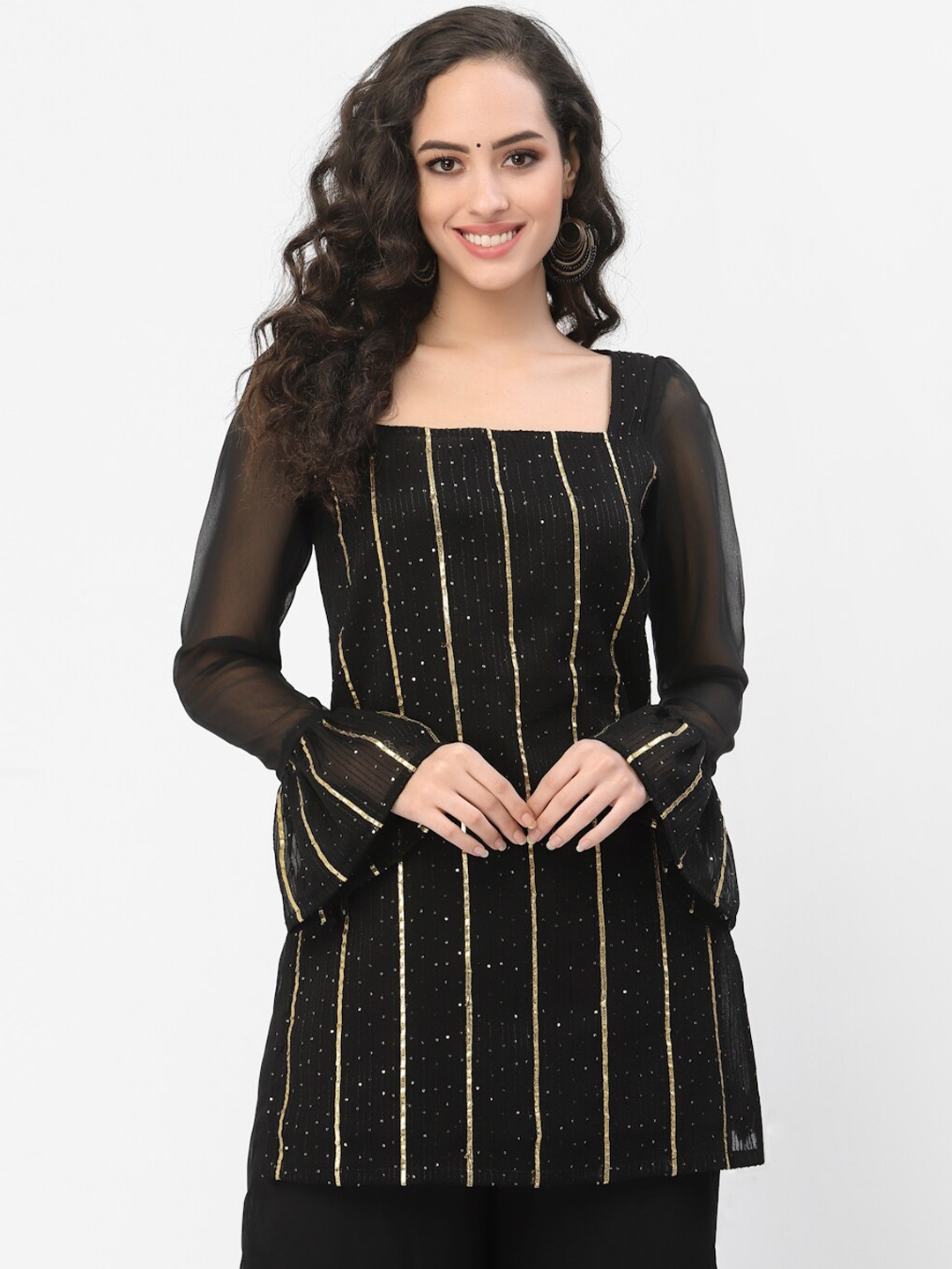 

studio rasa Black Embroidered Square Neck Sequinned Sequinned Kurti