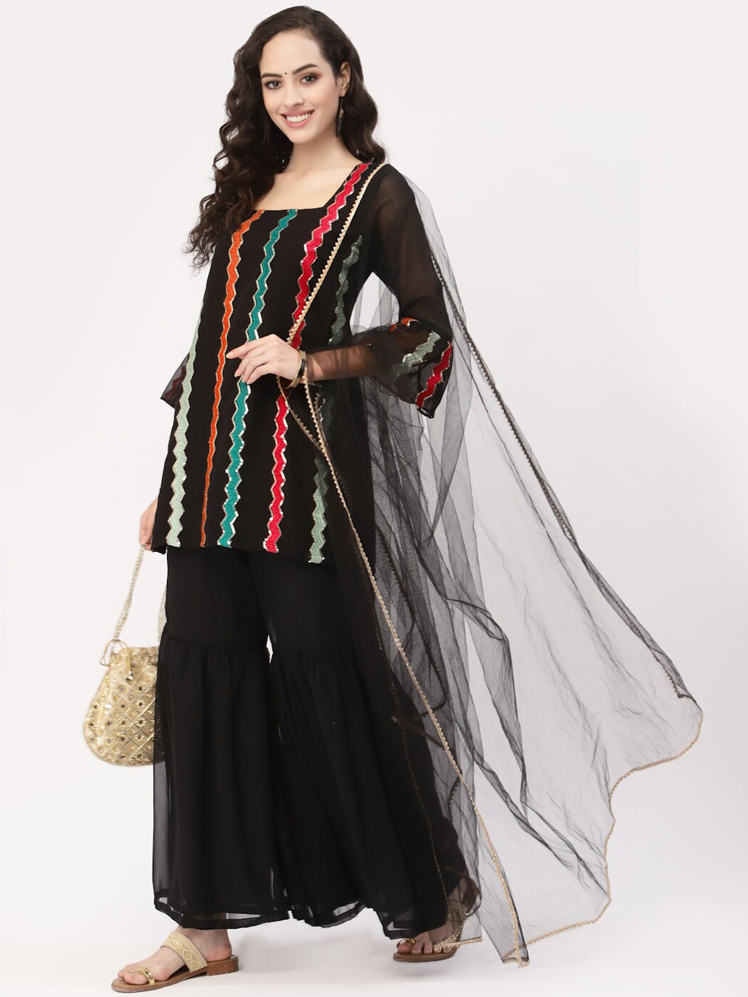 

studio rasa Women Black Embroidered Sequinned Kurti with Sharara & With Dupatta