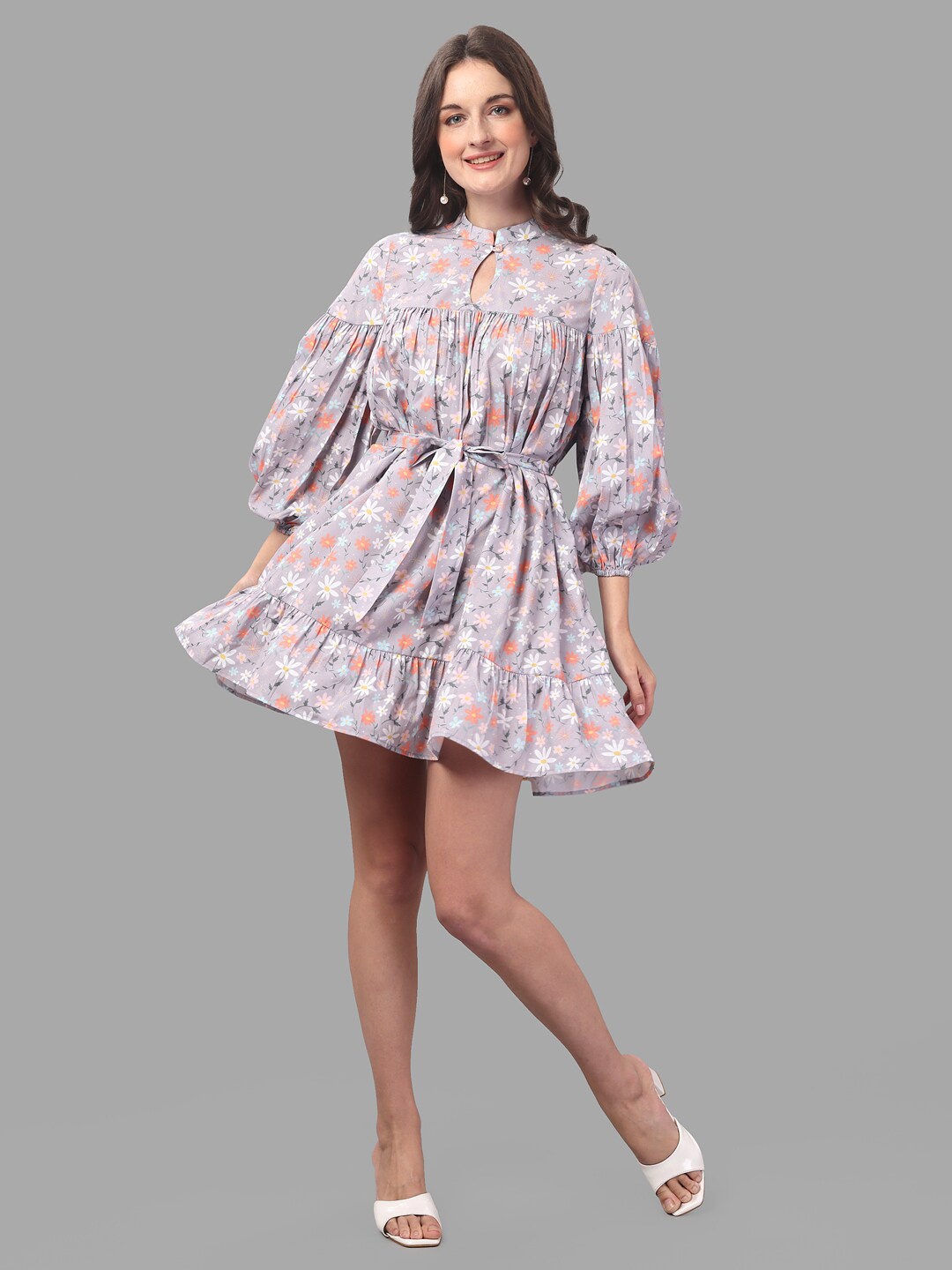 

Masakali.Co Grey & Peach-Coloured Floral Keyhole Neck Crepe Dress