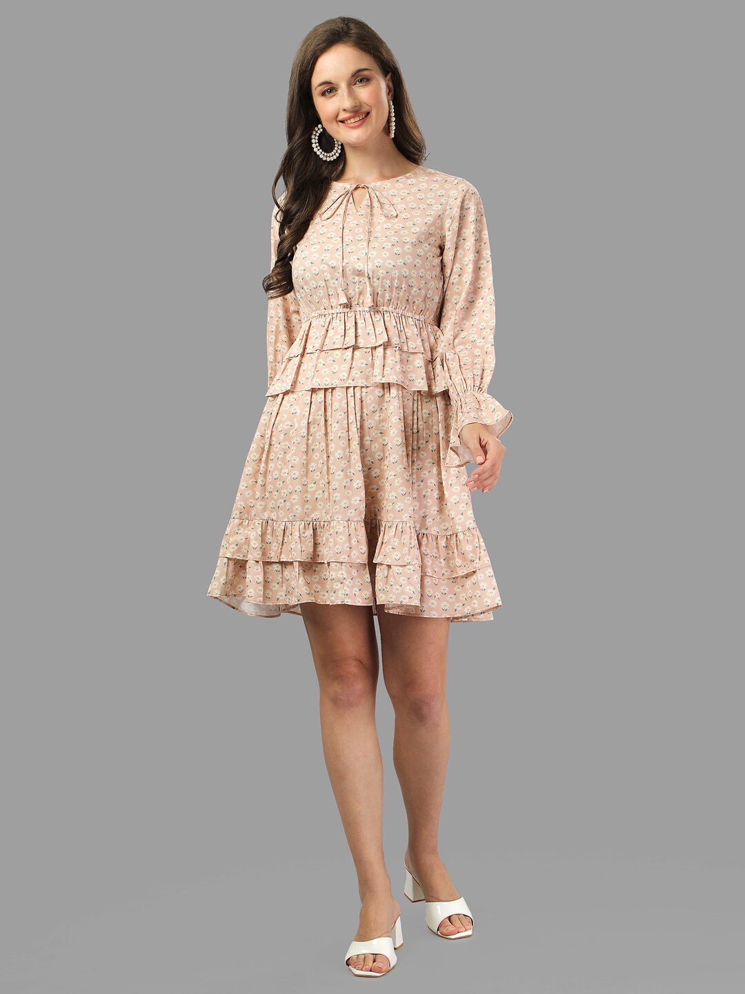 

Masakali.Co Women Pink Floral Tie-Up Neck Crepe A-Line Dress