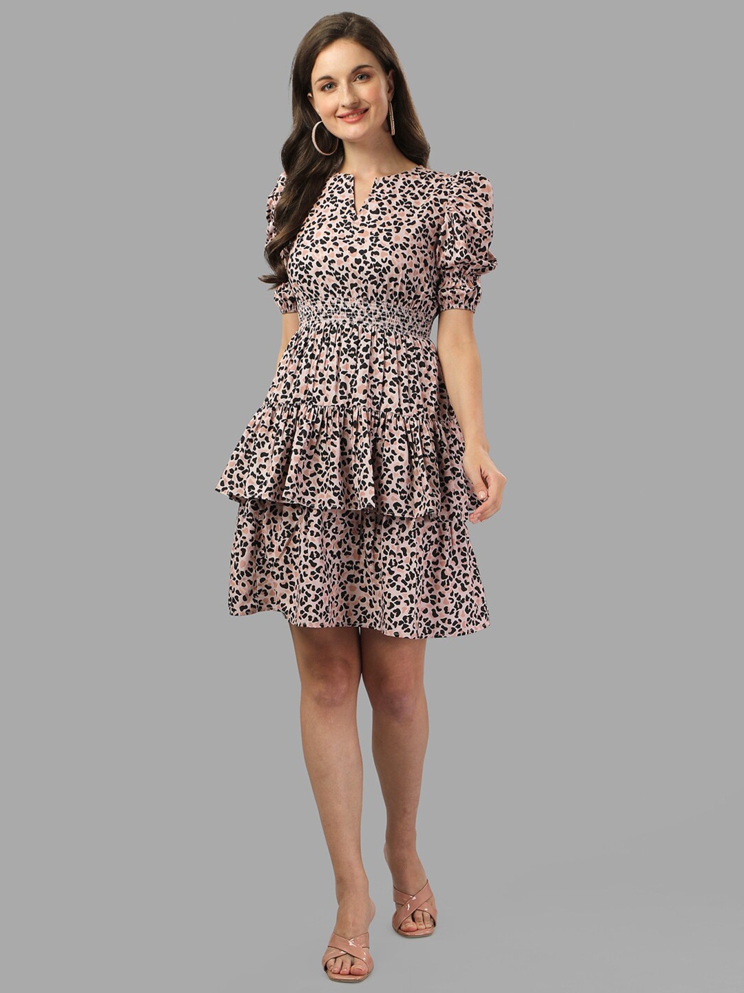 

Masakali Women Co Peach & Black Animal Printed Layered Fit and Flare Dress