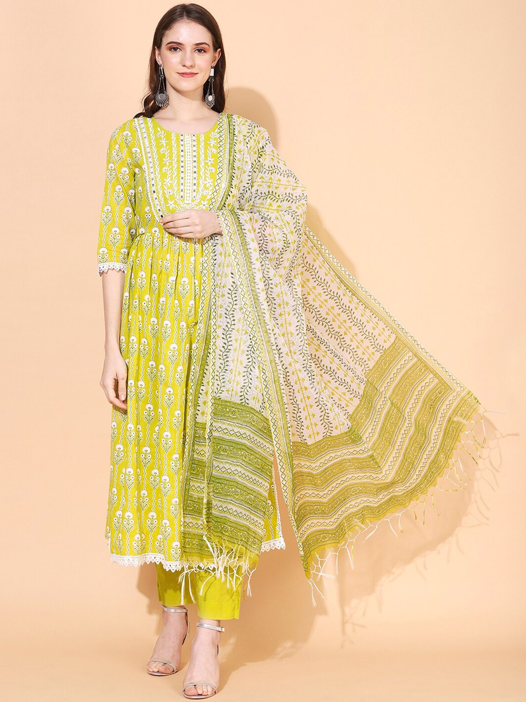 

FASHOR Women Lime Green Floral Printed Pleated Mirror Work Pure Cotton Kurta with Trousers & With Dupatta