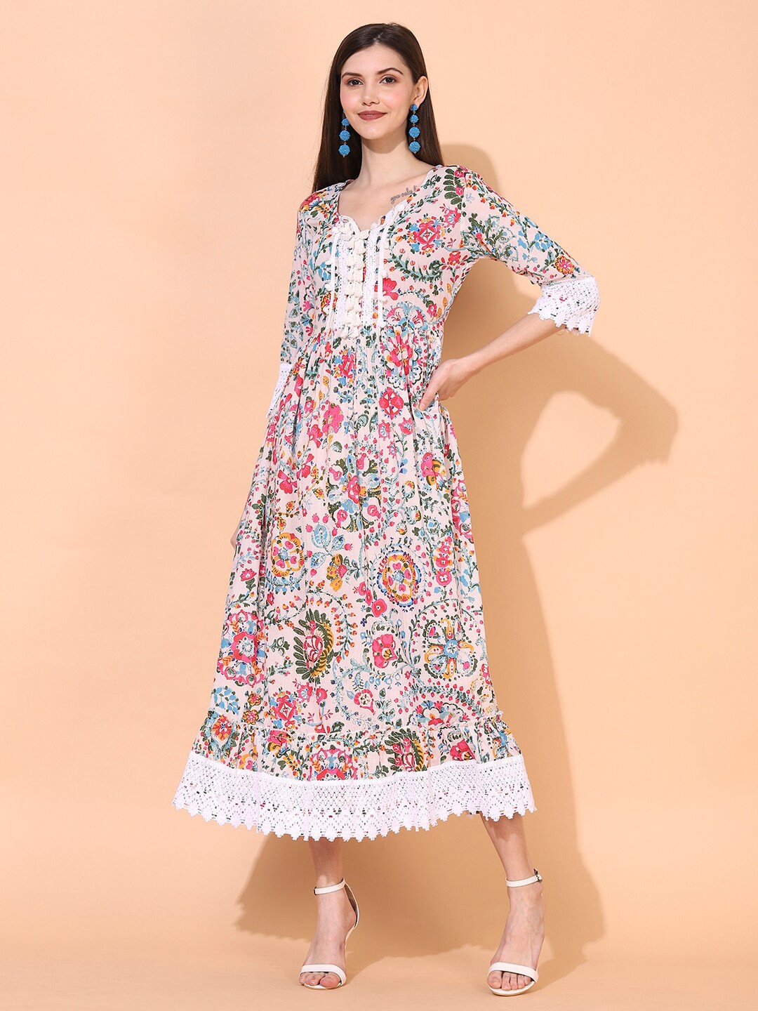 

FASHOR Pink & Green Floral Cotton A-Line Midi Dress