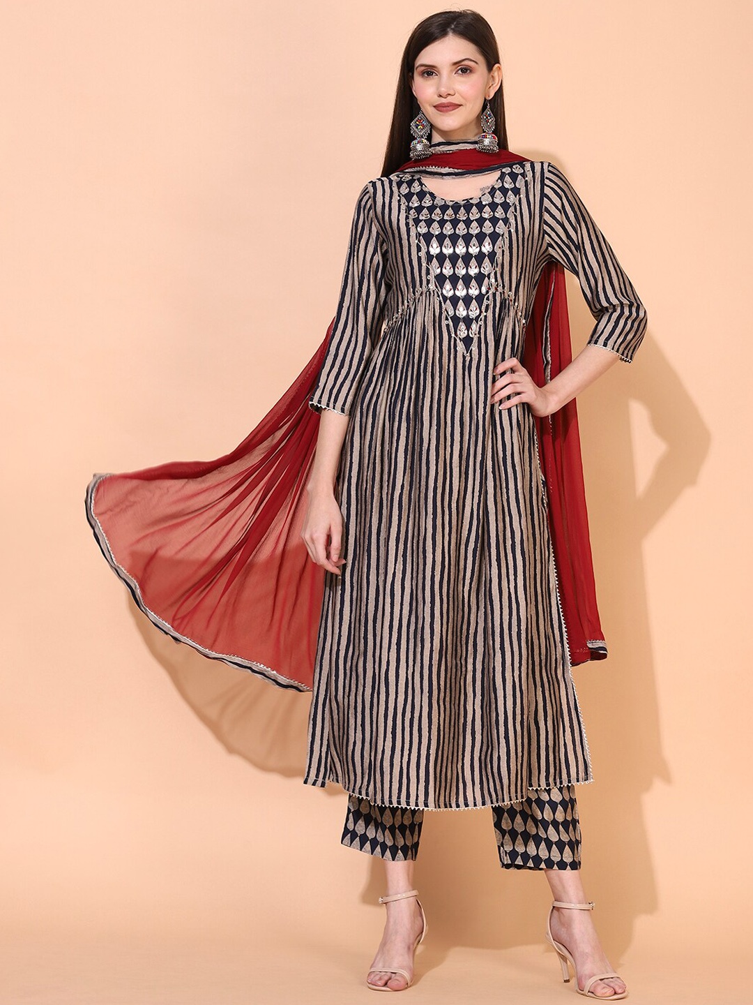 

FASHOR Women Navy Blue Printed Pleated Gotta Patti Kurta with Trousers & With Dupatta