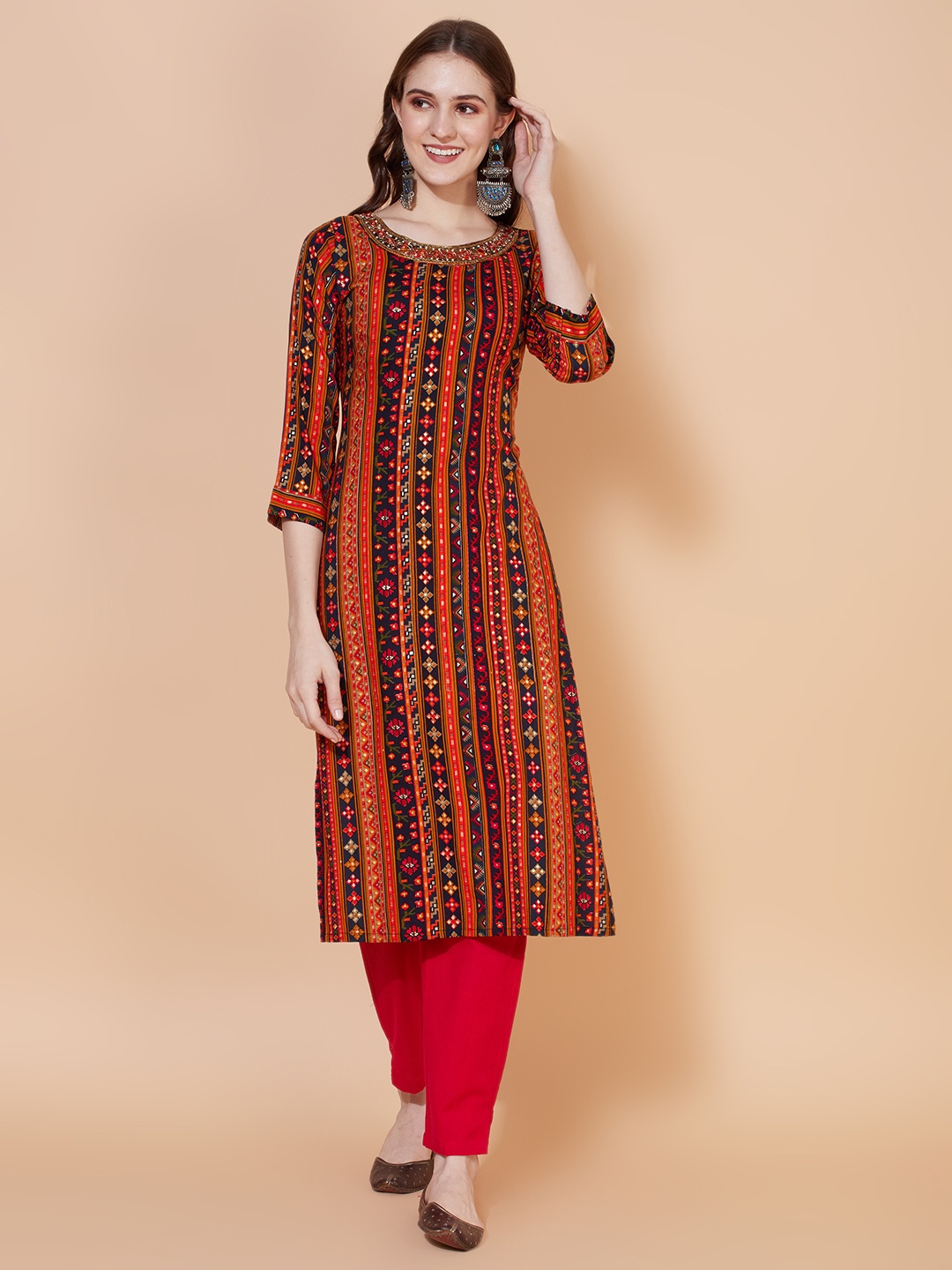 

FASHOR Women Multicoloured Ethnic Motifs Printed Mirror Work Kurta, Multi