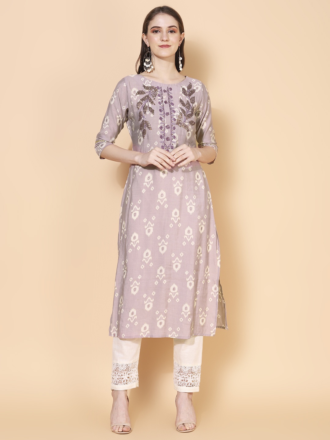 

FASHOR Women Purple Floral Printed Silk Kurta