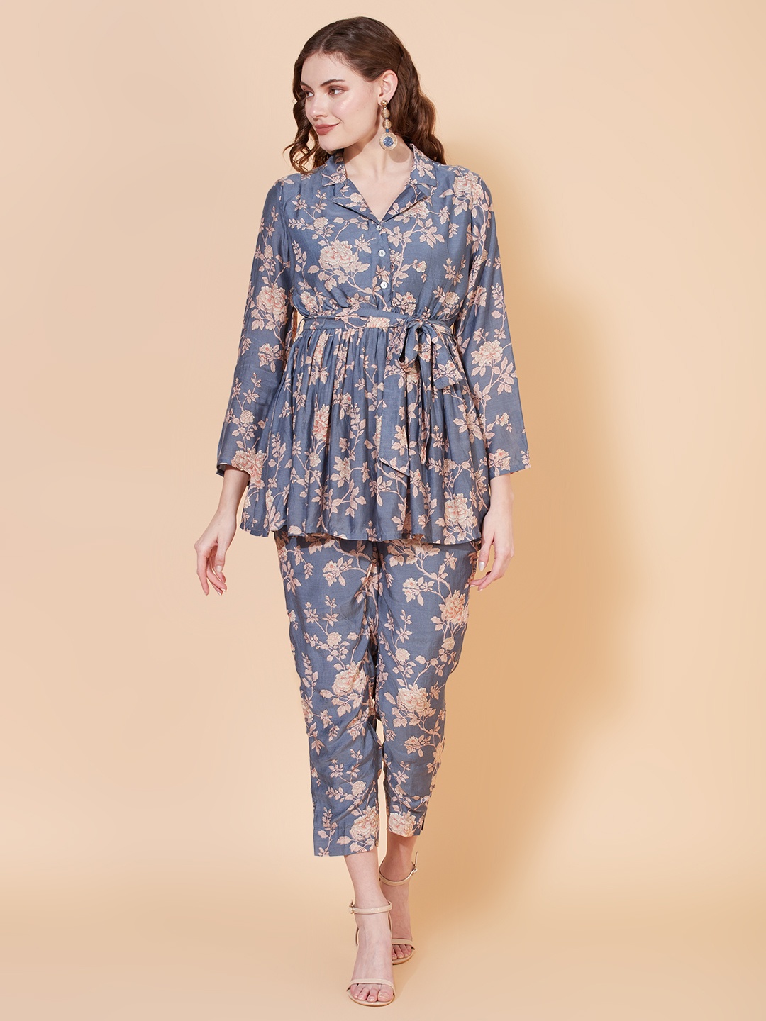 

FASHOR Women Blue Floral Printed Muslin Silk Co-Ords Set